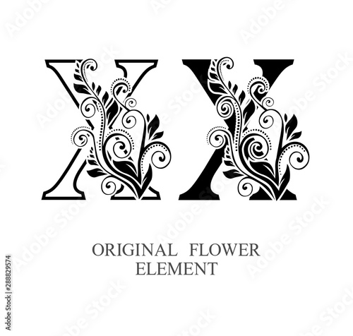 Elegant initial letters X in two color variations with botanical element. Vector letters logo design template set. Alphabet label sign for company branding and identity.Unique concept type as logotyp