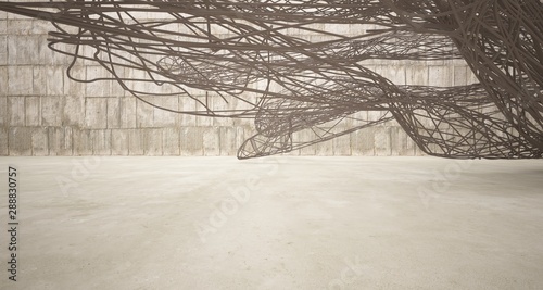 Empty abstract beige concrete room smooth interior with brown wires. Architectural background. 3D illustration and rendering