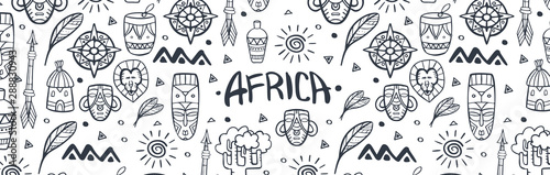 Hand draw doodles of Africa word. Colorful illustration. Background with lots of objects.