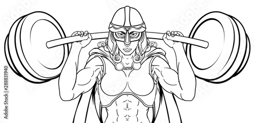 A warrior woman weightlifter lifting a heavy barbell weight. Could be a Viking, Anglo Saxon, knight or ancient Greek Trojan or Spartan sports mascot