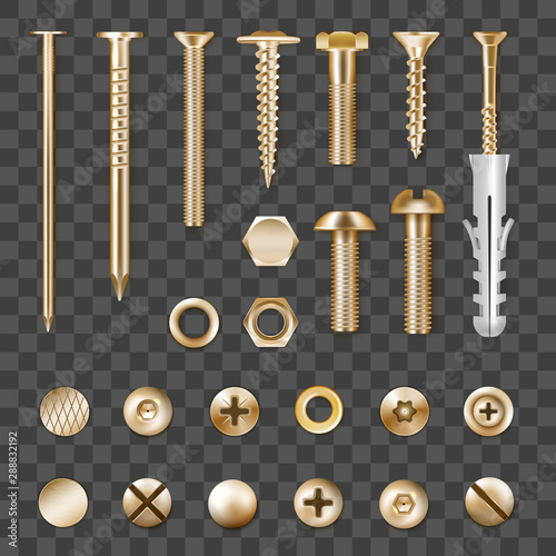 Realistic Golden Fasteners Transparent Set