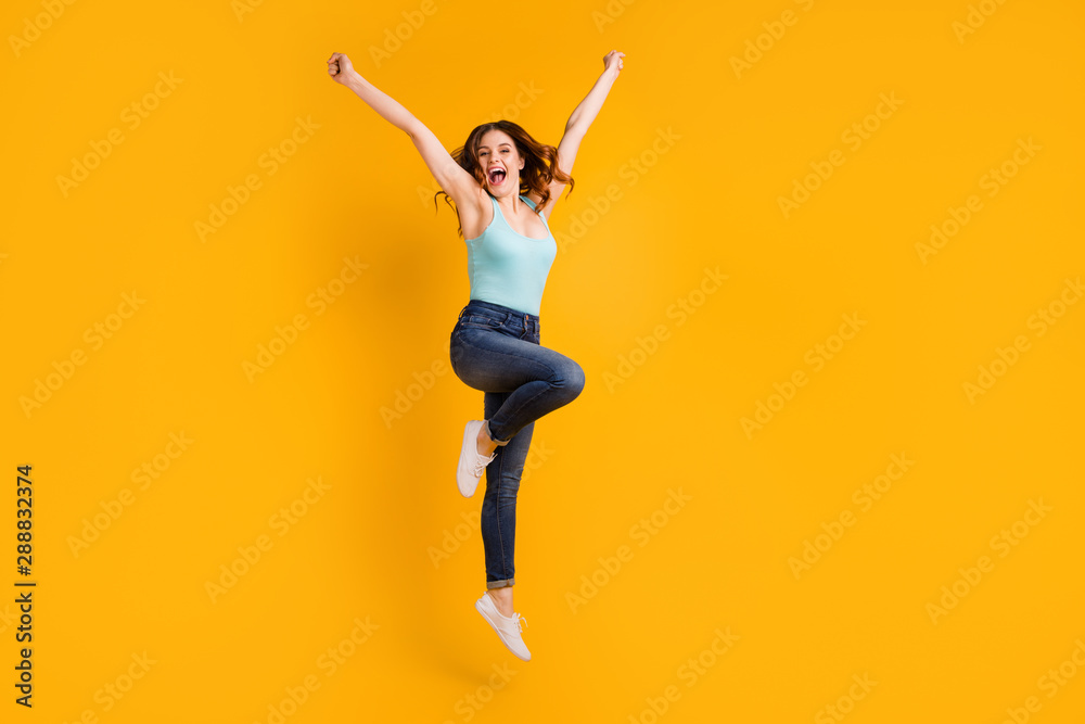 Full body photo of jumping high lady celebrate birthday party wear casual outfit isolated yellow background