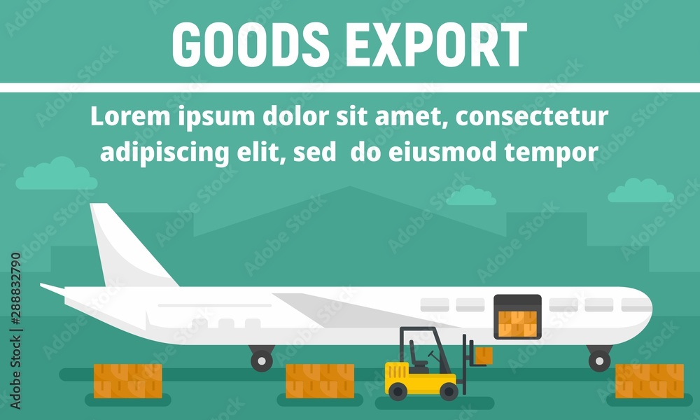 Airplane goods export concept banner. Flat illustration of airplane goods export vector concept banner for web design