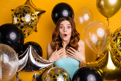 Photo of surrounded by many balloons lady having best bday ever wear tank-top isolated yellow background photo