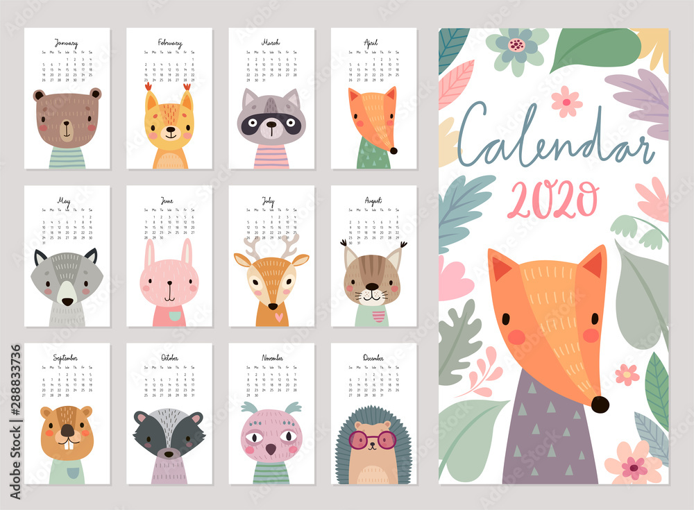 animals calendar 2020 - obrazy, fototapety, plakaty 