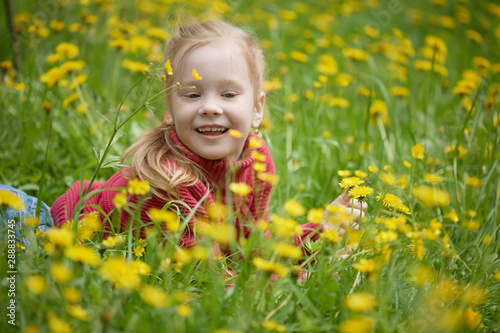 Little girl and meadow with dandelions. Summer day outdoors © vishnena