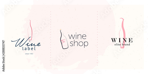 Vector wine logo set with hand drawn textured bottles elements design isolated on light paper background. For winery insignia, degustation hall emblem, wine shop badge, wine label, sticker etc.