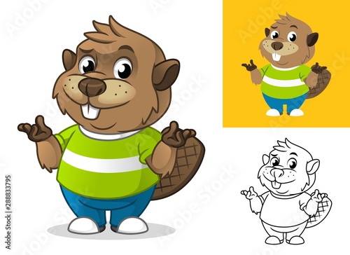 Beaver with Confused Gesture Cartoon Character Mascot Illustration  Including Flat and Line Art Designs  Vector Illustration  in Isolated White Background.