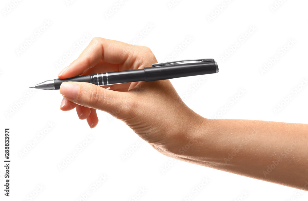 Young woman holding pen on white background, closeup Young woman holding pen on white background, closeup