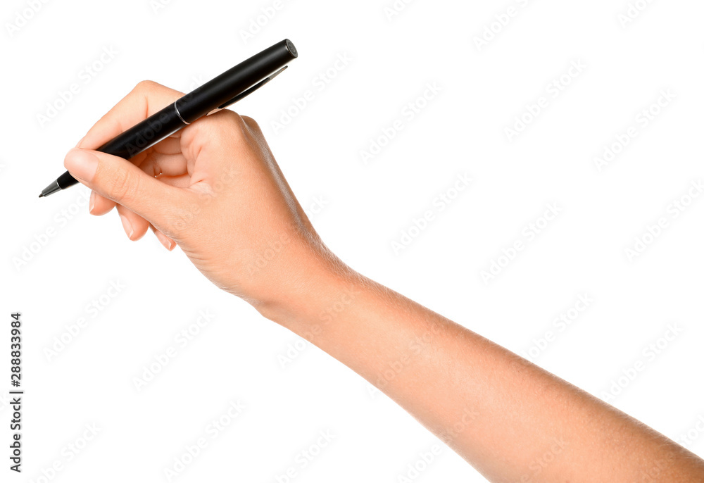 Young woman holding pen on white background, closeup Young woman holding pen on white background, closeup