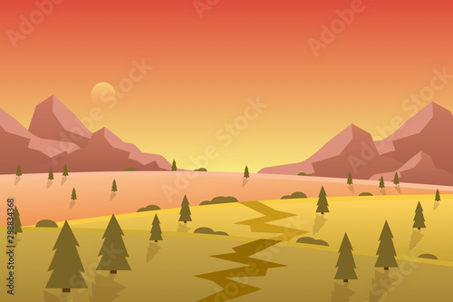 Scenery desert landscape with green pine tree and evening sky background 