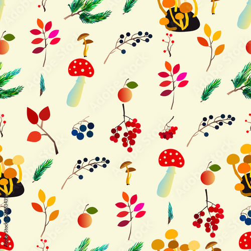 Wallpaper Mural Autumn seamless pattern with berries, acorns, pine cone, mushrooms, branches and leaves. Torontodigital.ca