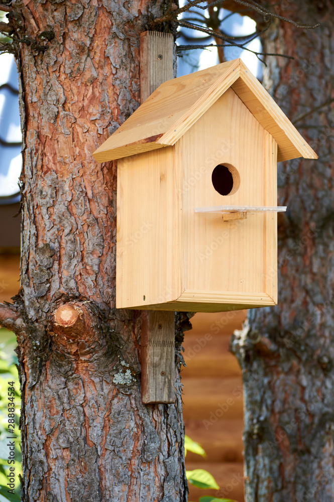 light wooden birdhouse hanging on a tree with circle entrance