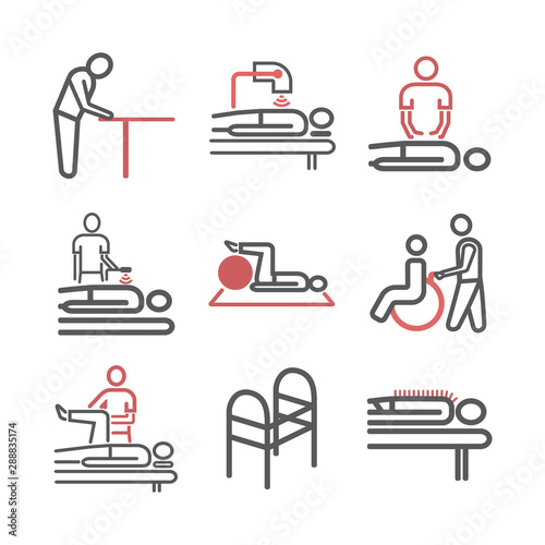 Line icons, physiotherapy banner, rehabilitation center. Vector signs for web graphics.