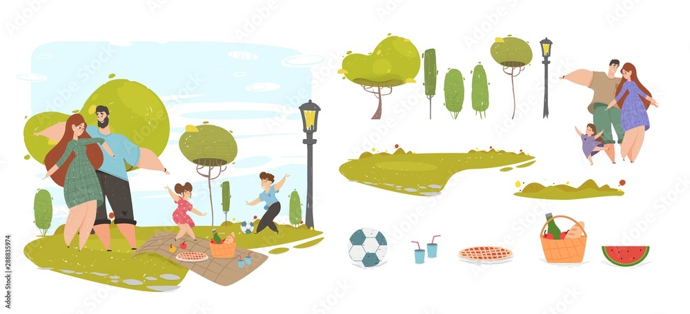 Happy Family on Picnic in Park Design Elements Set