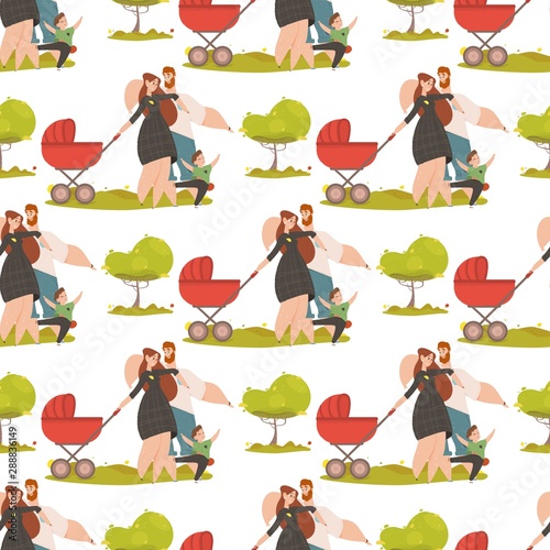Seamless Ornament of Happy Family Kids Pattern
