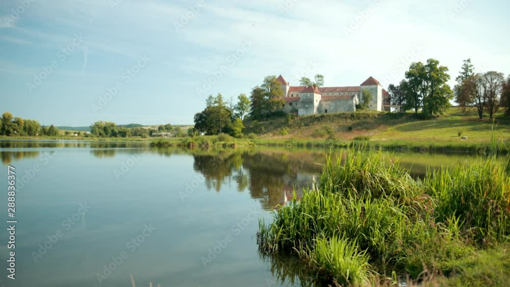 Slow motion of tall green grass by the lake, in background an ancient castle Slow motion of tall green grass by the lake, in background an ancient castle