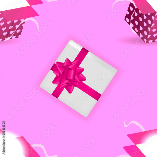 Pink abstract background with gift box with bow. Vector illustration for poster