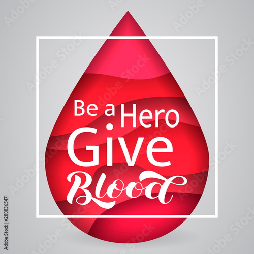 Blood lettering with 3d paper cut effect. Blood donation concept. Vector illustration