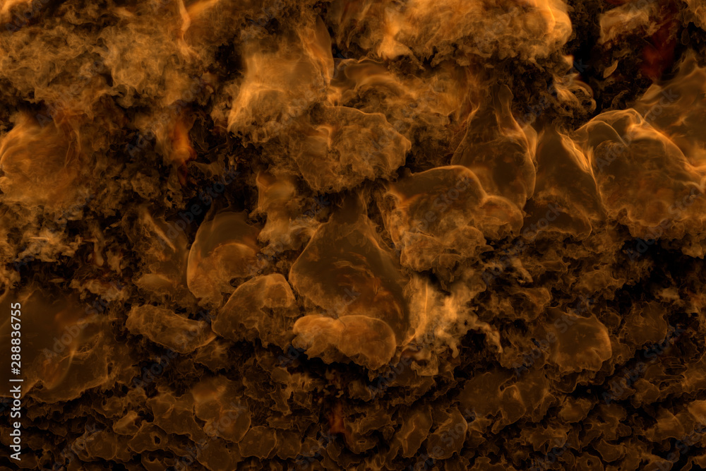 Flames from everywhere - fire 3D illustration of flaming wild fire heavy clouds and smoke