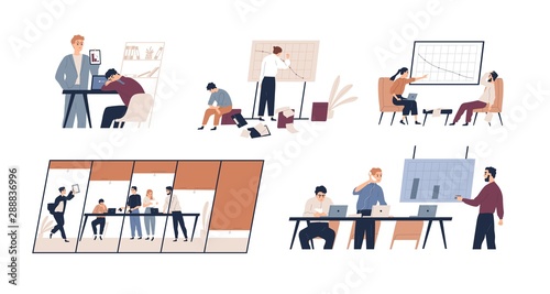 Business problem flat vector illustrations set. Profit drop, rating decrease, company bankruptcy concept. Financial trouble, bad leadership, burnout. Stressed office workers and unmotivated managers.