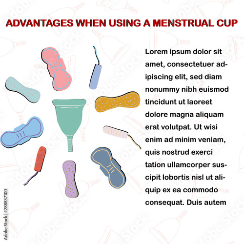 Set of hand drawn feminine hygiene products and vertical copy space.