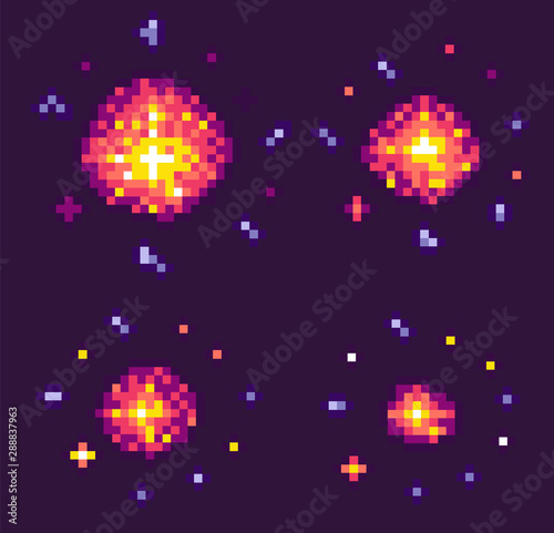 Equipment of pixel game. Powerful explosion on black background. 8 bit graphics of elements pixel-art bomb bang, pixelated cosmic object for mobile app games. Bang burst explode flash nuclear bubble