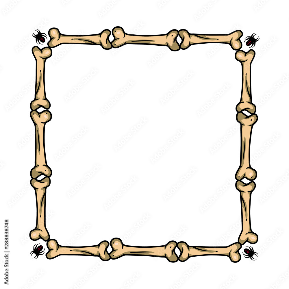 Vector creepy art with bone frame for scary design, print, poster, cover, sticker, card. Scary illustration for horror festival, party invitation, Halloween design, background, magazine article.
