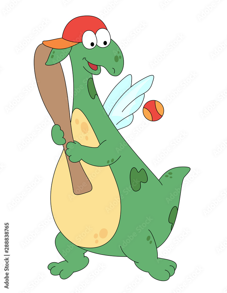 Fototapeta premium Cartoon green dragon hits the ball with the baseball bat