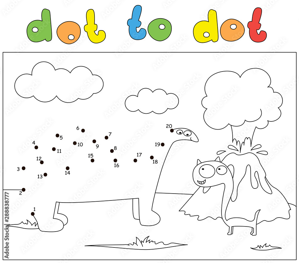 Two comic dinosaurs and volcano eruption. Dot to dot game for kids Two comic dinosaurs and volcano eruption. Dot to dot game for kids