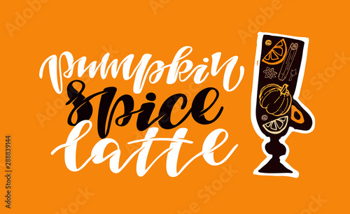 Hand drawn autumn elements lettering  with inscription mulled wine, pumpkin spice latte, apple cider - pattern, background