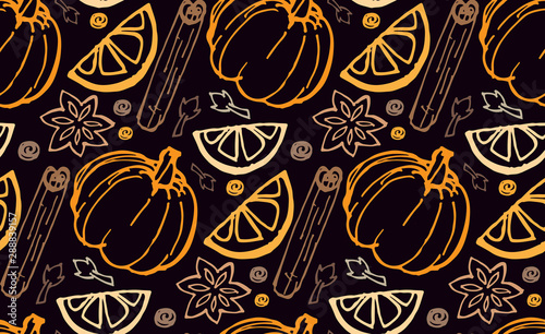 Hand drawn autumn elements lettering  with inscription mulled wine, pumpkin spice latte, apple cider - pattern, background