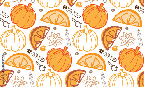 Hand drawn autumn elements lettering  with inscription mulled wine, pumpkin spice latte, apple cider - pattern, background