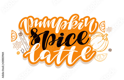 Hand drawn autumn elements lettering  with inscription mulled wine, pumpkin spice latte, apple cider - pattern, background