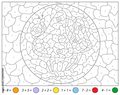 Cartoon mushrooms and snail. Addition and subtraction tasks. Color by number educational game