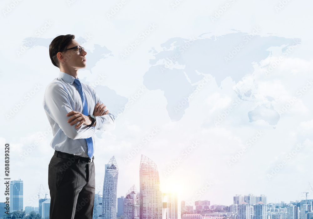 Concept of business success and control with confident boss against cityscape background Concept of business success and control with confident boss against cityscape background