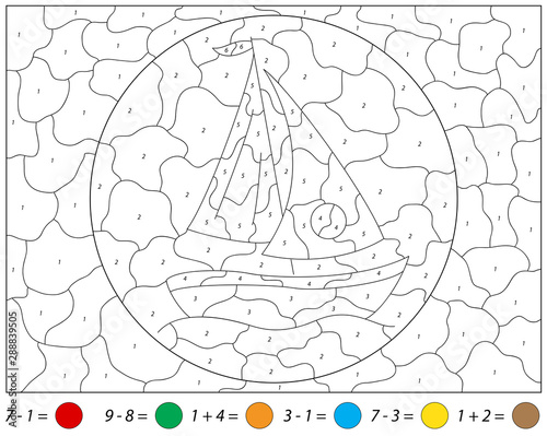 Cartoon yacht. Addition and subtraction tasks. Color by number educational game
