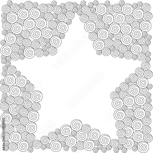 Zenart style star, black and white drawing, Zenart style background, postcard, spirals, curlicues
