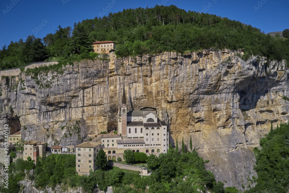 Panorama view of Madonna della Corona, Italy. Flight by a drone. Popular travel destination in Nothern Italy.