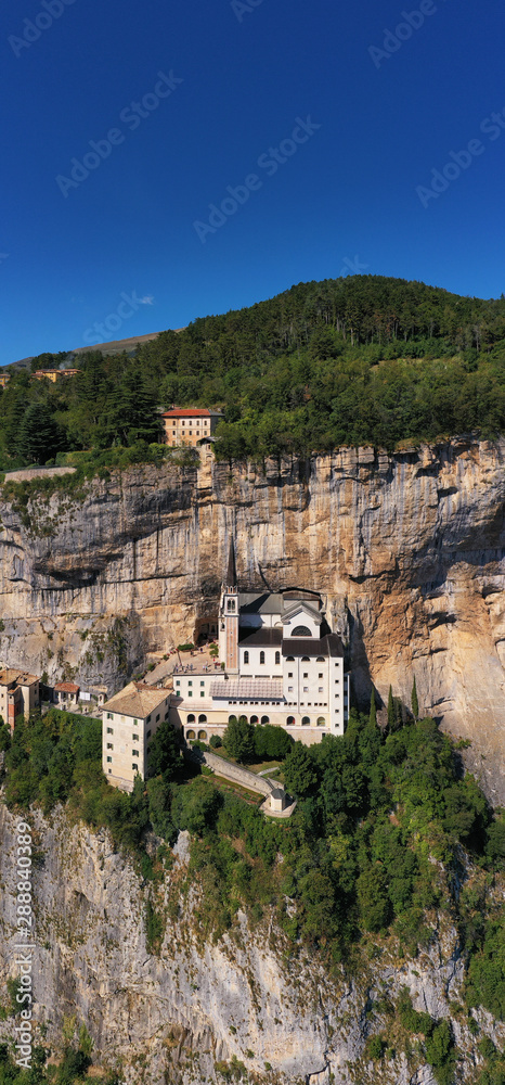 Panorama view of Madonna della Corona, Italy. Flight by a drone. Popular travel destination in Nothern Italy.