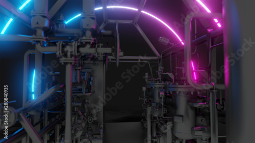Abstract Industrial Equipment with Neon Lights