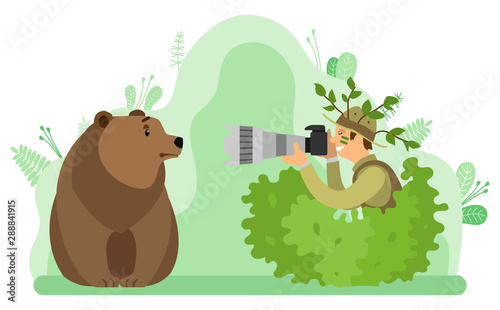 Photographer with wild bear animal taking picture vector, nature with greenery and foliage. Man hiding in bushes holding device with lens photography. Flat cartoon