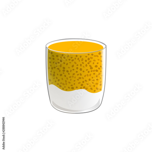 Chia seed pudding. Healthy vegan snack in glass. Vector illstration isolated on white background.