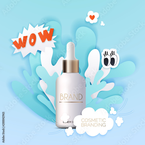 Mockup of realistic 3d cosmetics products. Water splash with drops in paper cut style on a background cartoon. Vector illustration.