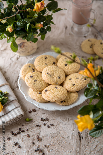 Chocolate Oatmeal Biscuit. Crispy and crumbly delicious cookies with natural ingredients: flour, nuts, seeds, pieces of chocolate, cocoa, fruit jams. Spring flower still life