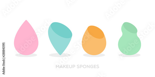 Makeup sponges. Icon set: several types of sponges. Different colors. Vector illustration, flat design