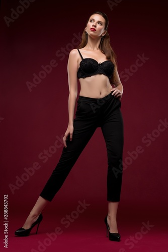 Sexy brunette wearing bra and trousers shot
