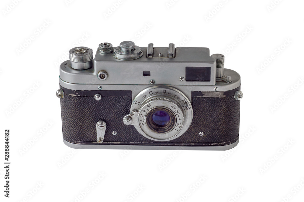 old vintage tattered camera isolated on white background