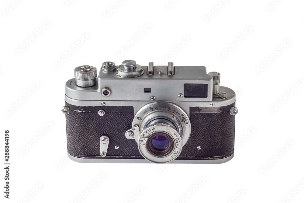 old vintage tattered camera with extended lens isolated on white background