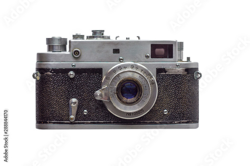 old vintage shabby camera isolated on white background